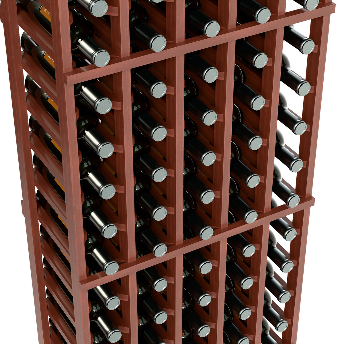 Wine bottle rack close-up, reddish-brown frame with bottle necks across shelves