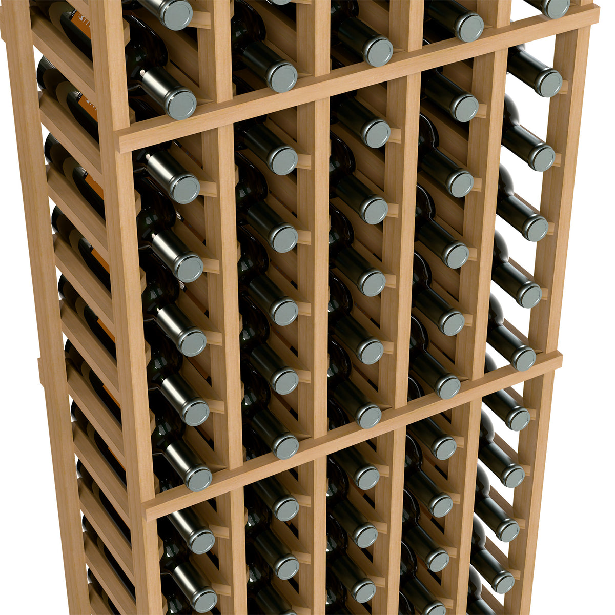 Wine bottle rack close-up, light wood frame with rows of bottles in cubbies