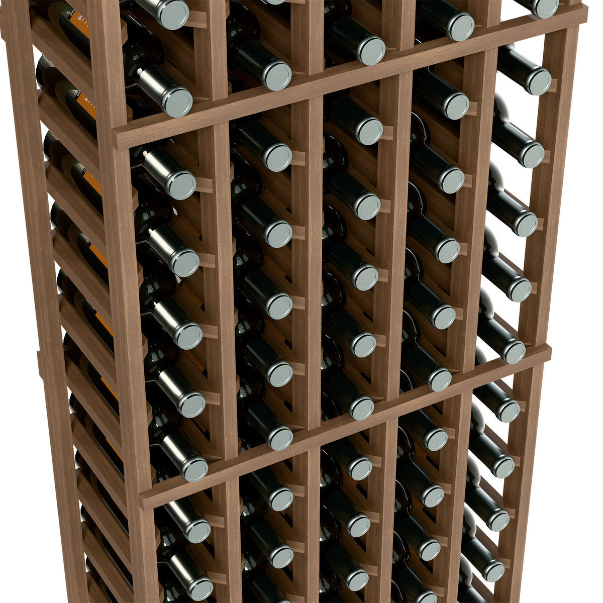 Angled close-up of light wood wine rack showing bottle rows in 5 columns