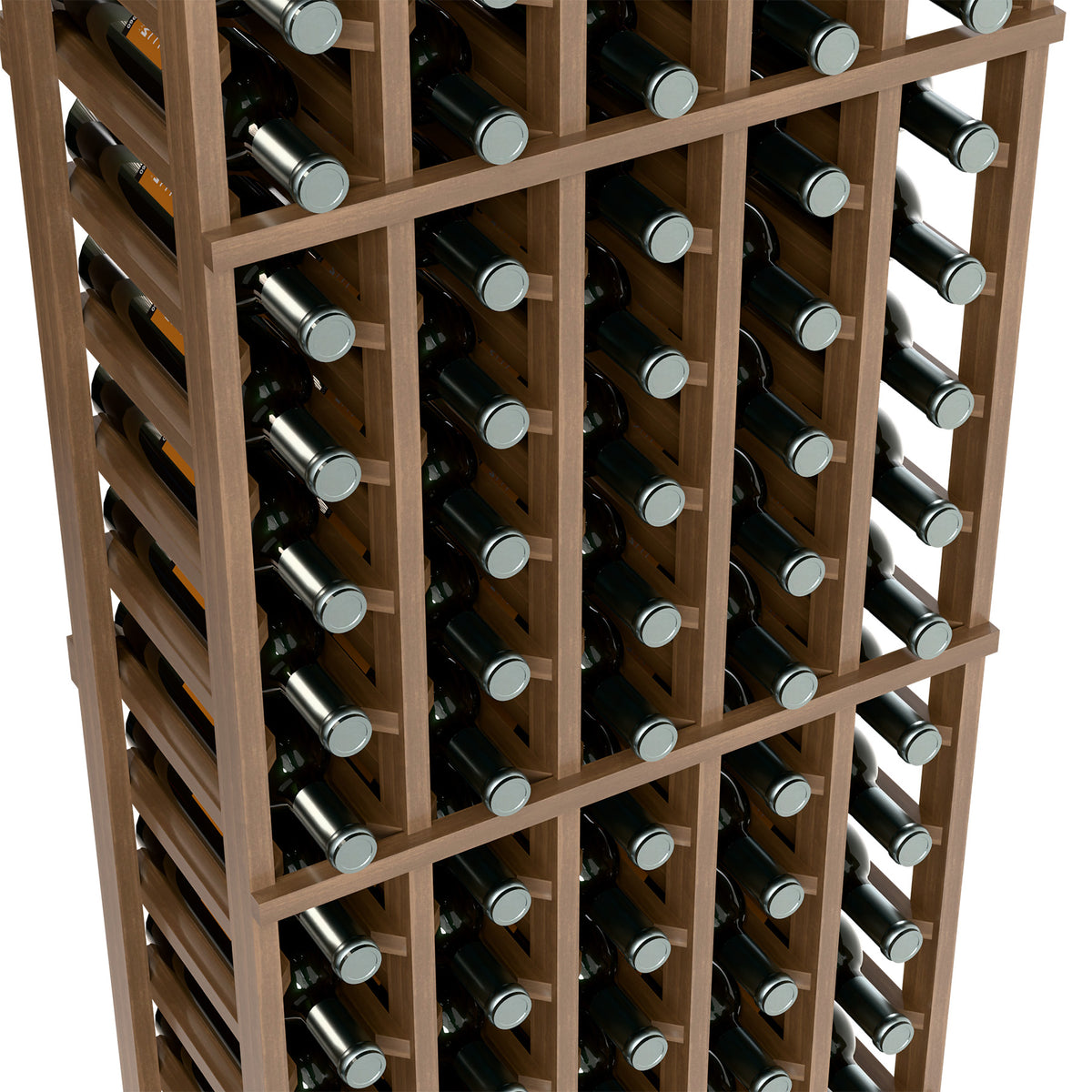 Close-up of right side light wood 5-column wine rack with bottle holders