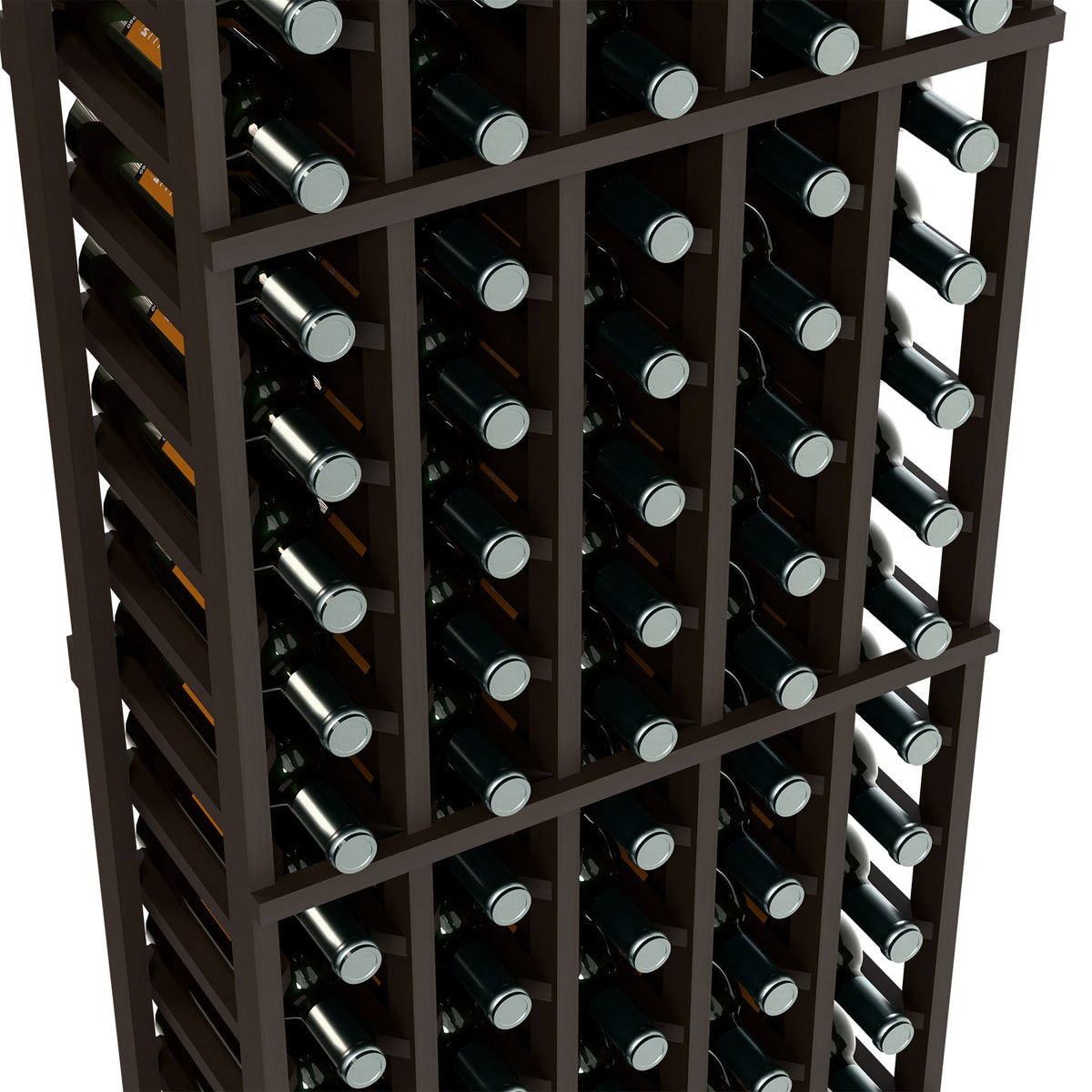 Close-up of black-frame 5-column wine rack with bottles in angled slots