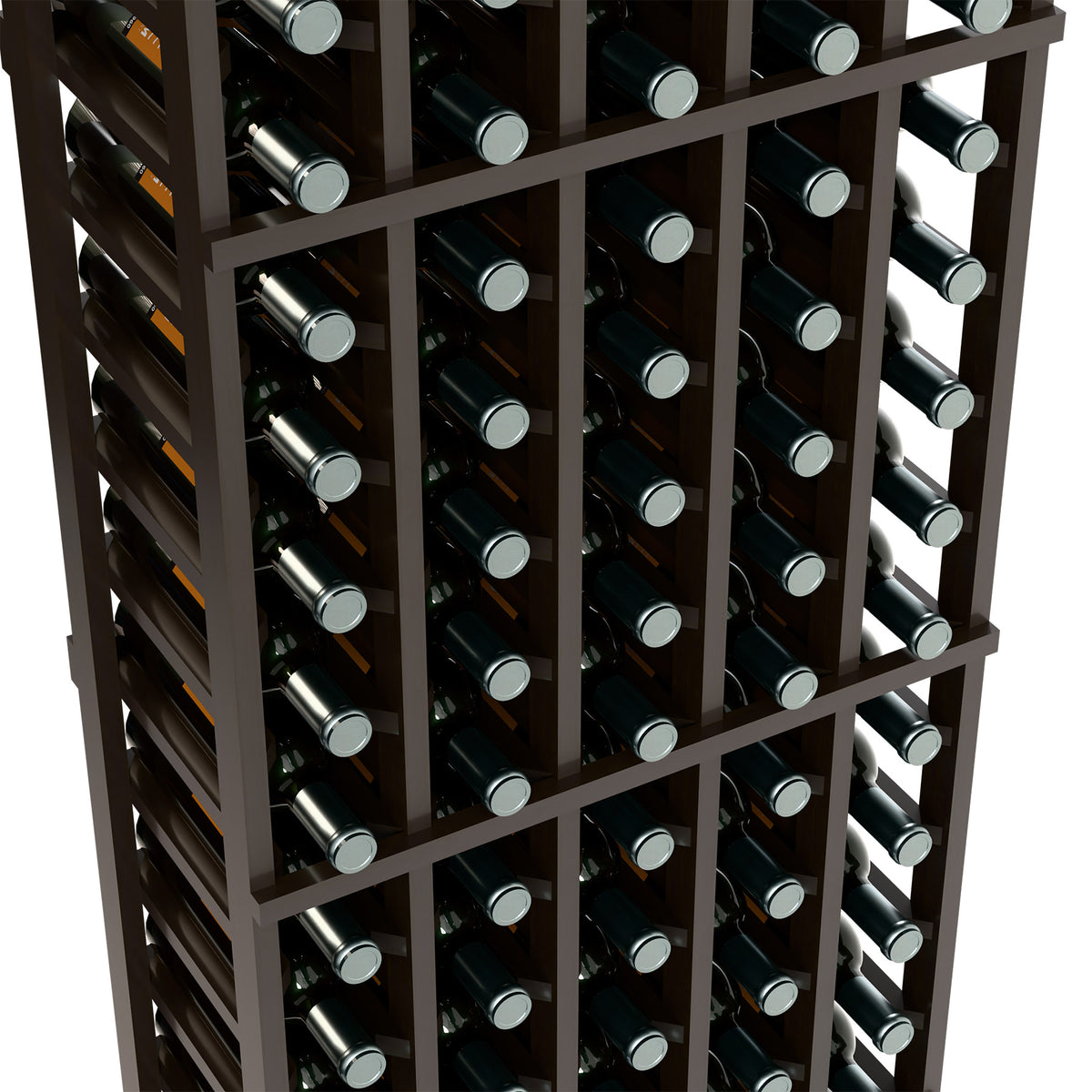 Angled close-up of dark 5-column wine rack with bottles in storage holders