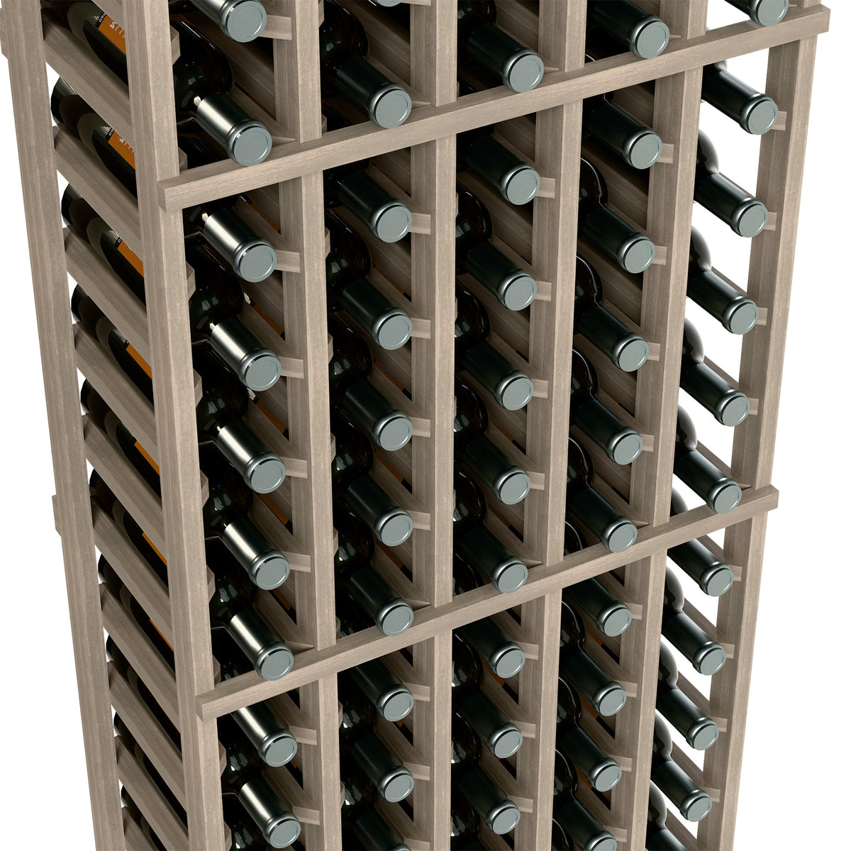 Wine bottle rack close-up with light wood grid holding bottles by neck and base