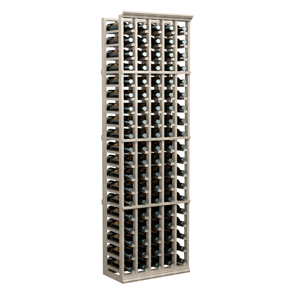 5-column wine bottle rack front view with light wood frame and filled bottle rows