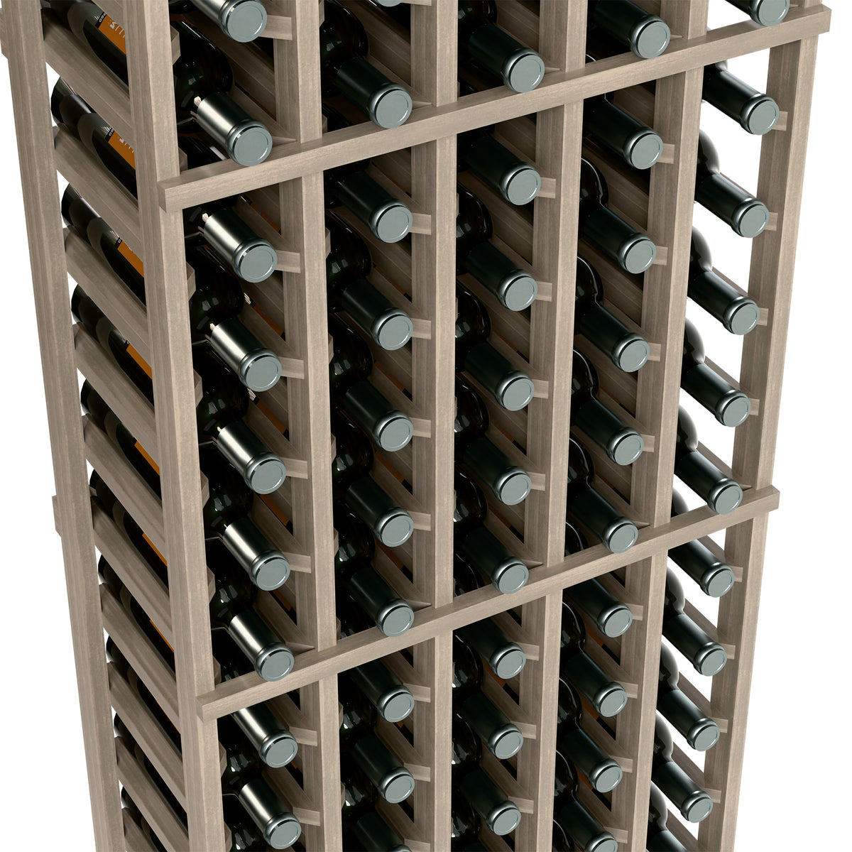 Wine bottle rack angled close-up showing light wood rails and bottle rows