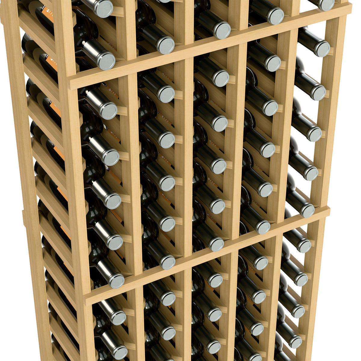 Wine bottle rack close-up with natural wood grid holding bottles in slots