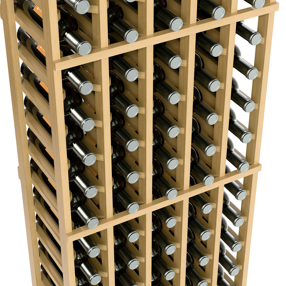 Wine bottle rack angled close-up showing natural wood rails and bottle rows