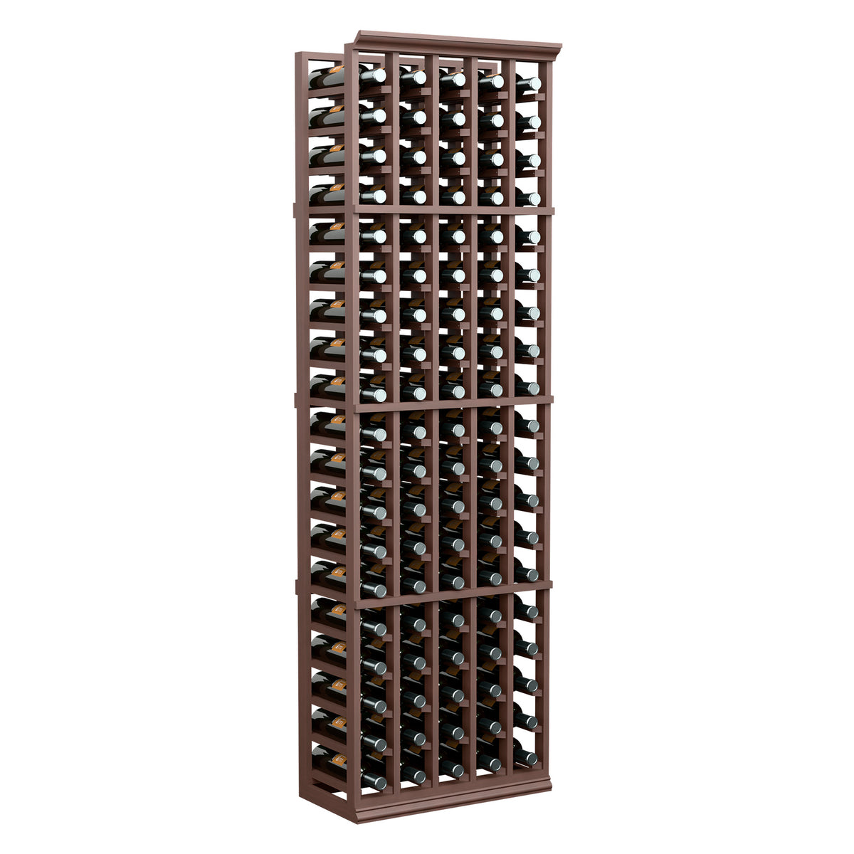 5-column wine bottle rack in dark brown wood finish with rows of capped bottles