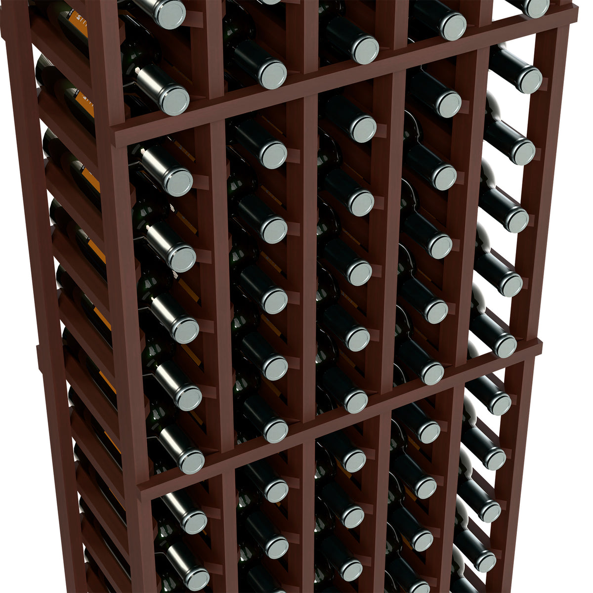 Wine bottle rack close-up with dark brown frame holding bottles in vertical slots
