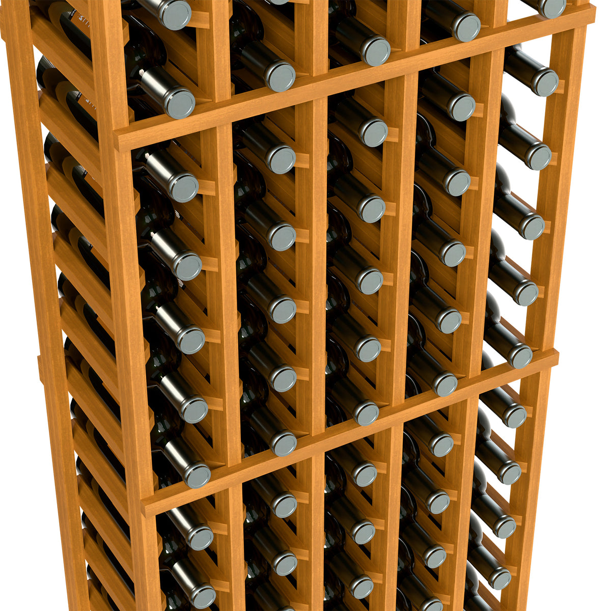 Close-up of 5-column wine bottle rack with light wood dividers and wine bottles