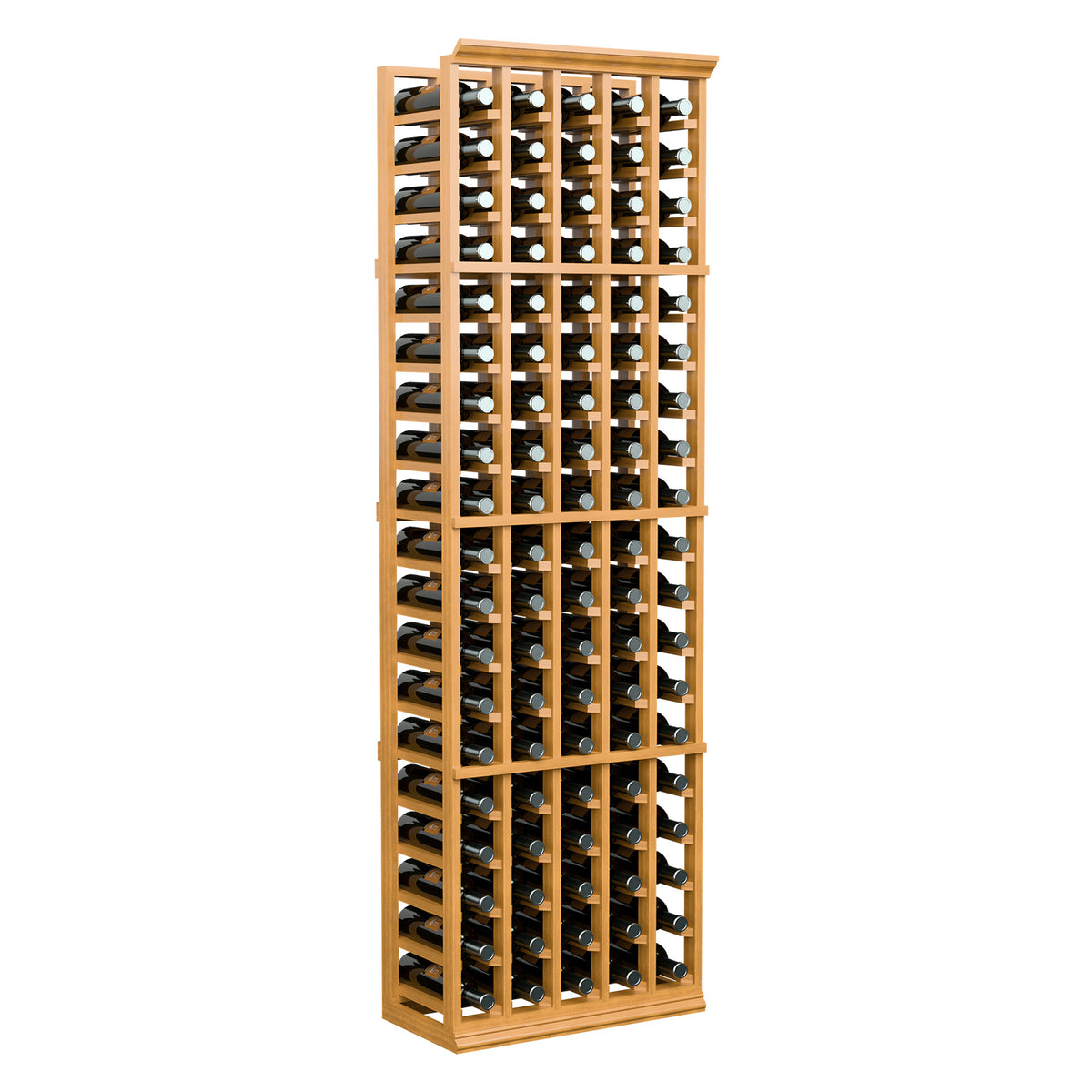 5-column wine bottle rack with light wooden frame and organized rows of bottles