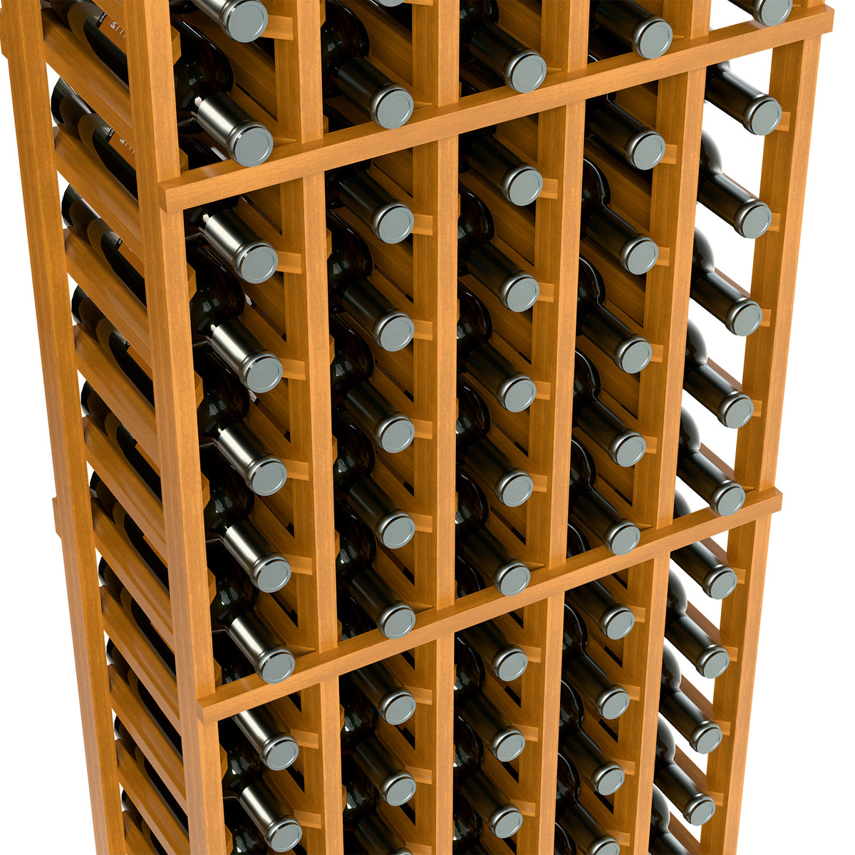 Close-up of 5-column wine bottle rack with light wood structure and bottle slots