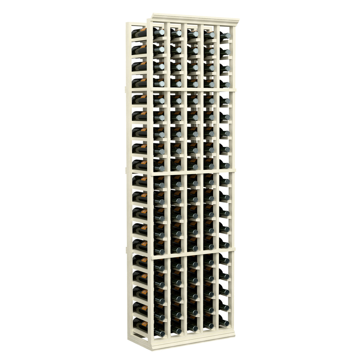 5-column wine bottle rack with white wooden frame and neatly stored bottles