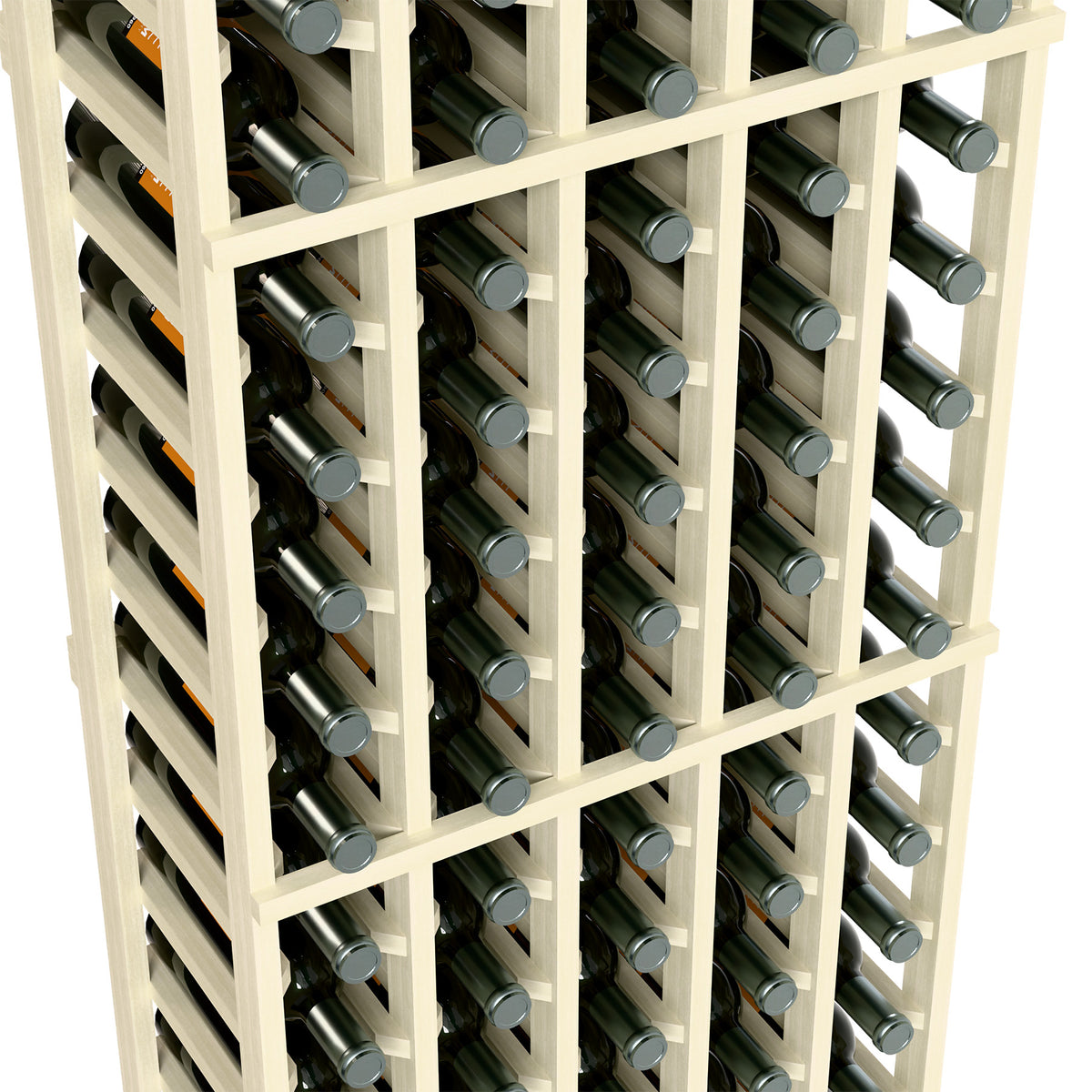 Close-up of 5-column wine bottle rack with white dividers and bottle necks