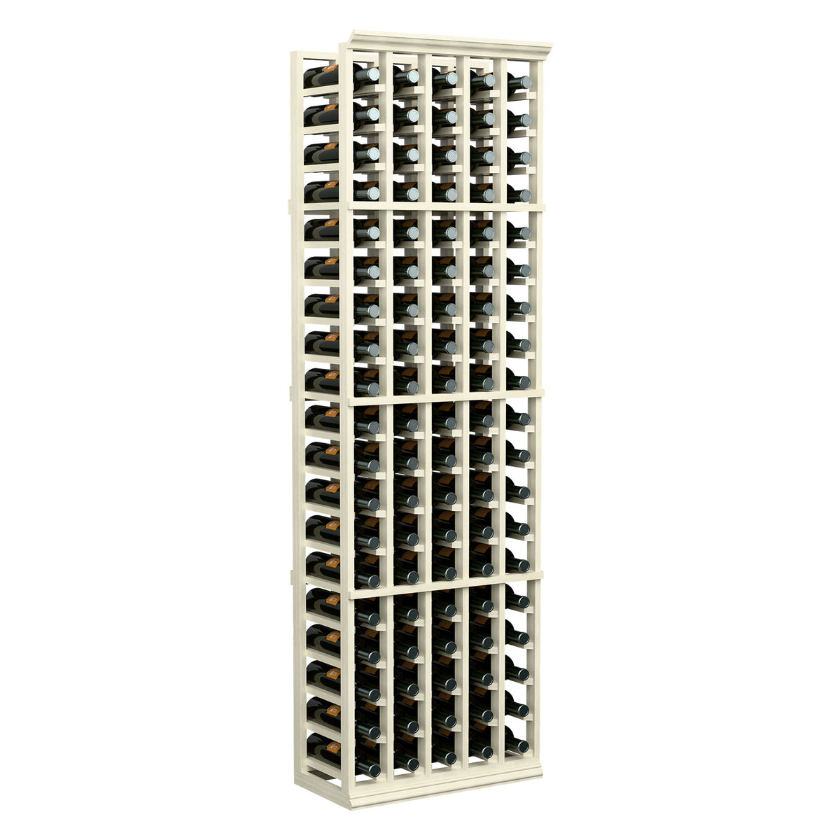 5-column wine bottle rack with white wooden frame and rows of wine bottles