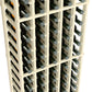 Close-up of 5-column wine bottle rack with white frame and bottle storage slots