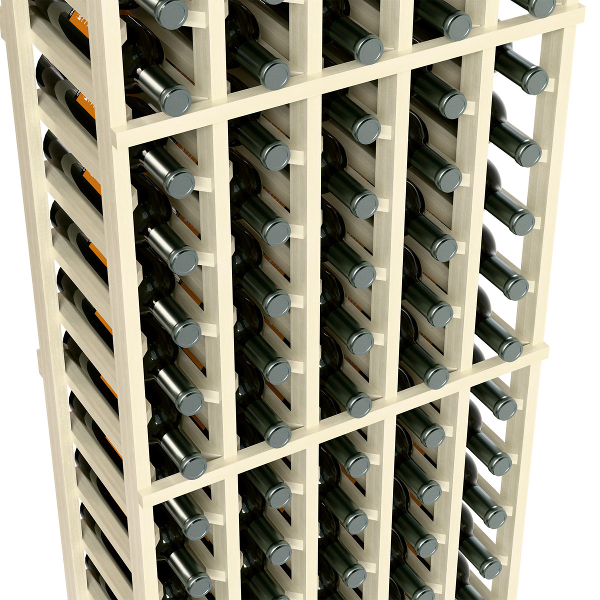 Close-up of 5-column wine bottle rack with white frame and bottle storage slots