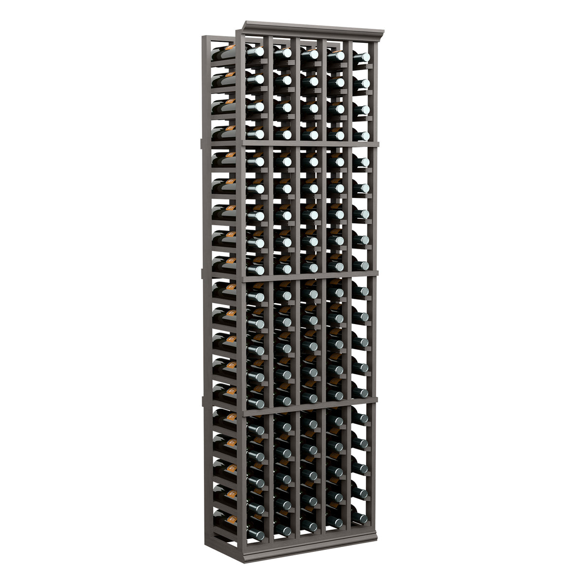 6ft dark wood wine bottle rack with 5 columns, storing wine bottles in rows