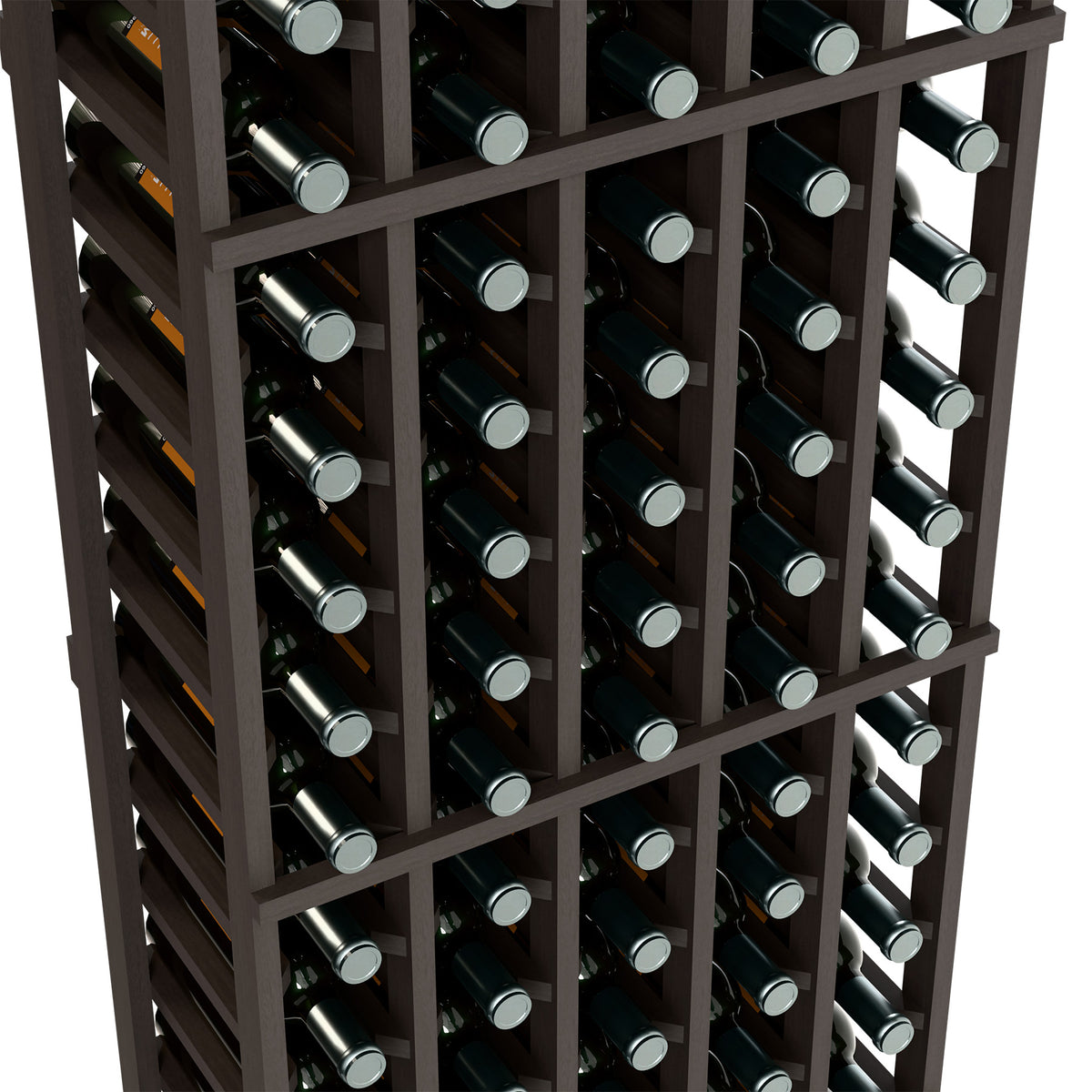 Close-up of dark 5-column wine bottle rack with bottles in individual slots