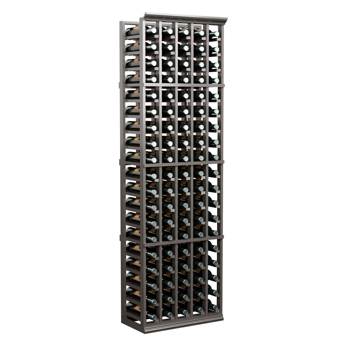 Front view of 6ft dark wood wine bottle rack with 5 columns for wine storage
