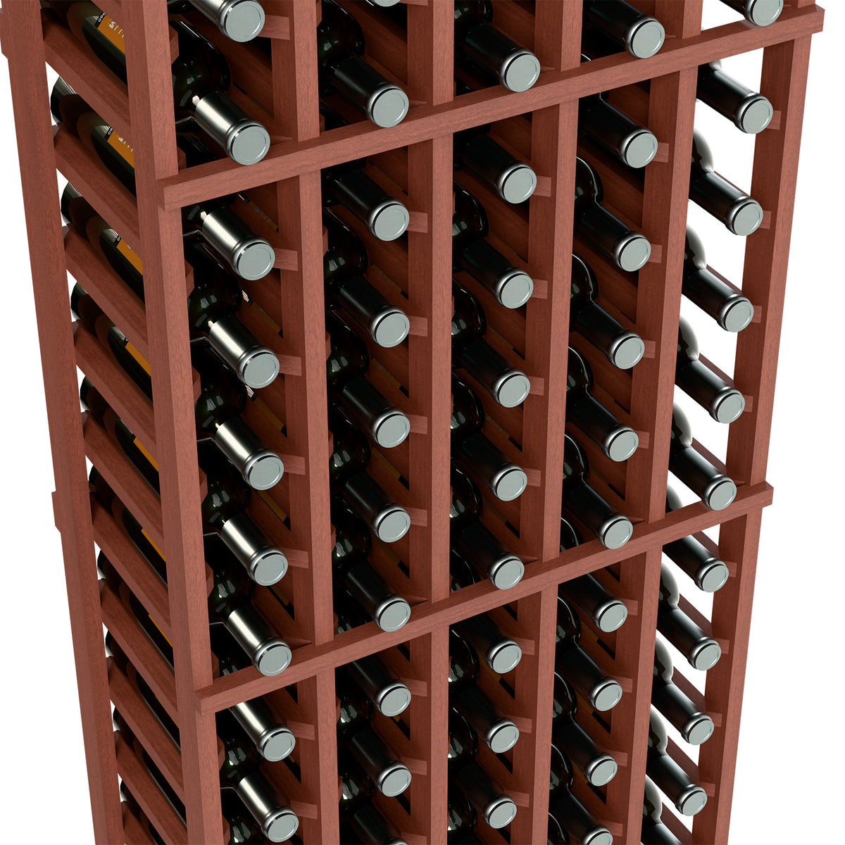 Close-up of red-brown 5-column wine bottle rack holding bottles in slots
