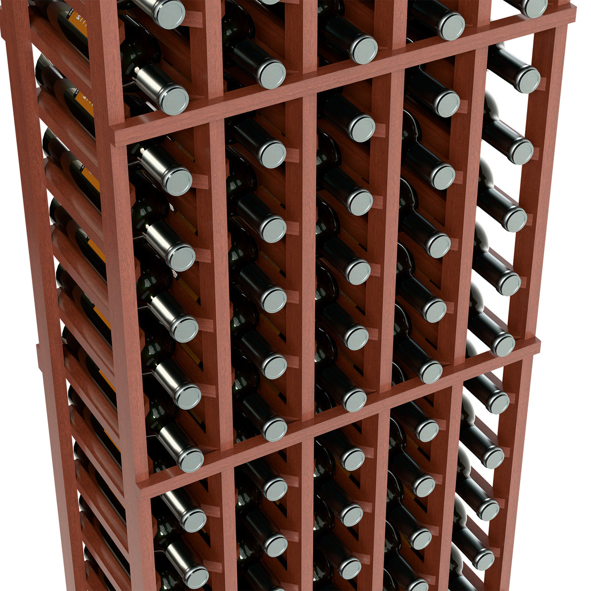 Angled close-up of red-brown 5-column wine bottle rack with bottle rows