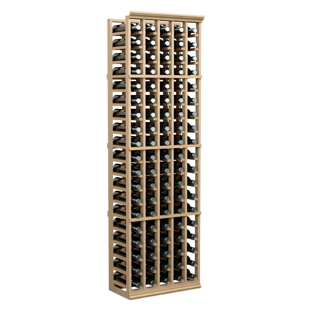 6ft light wood wine bottle rack with 5 columns, storing wine bottles in rows