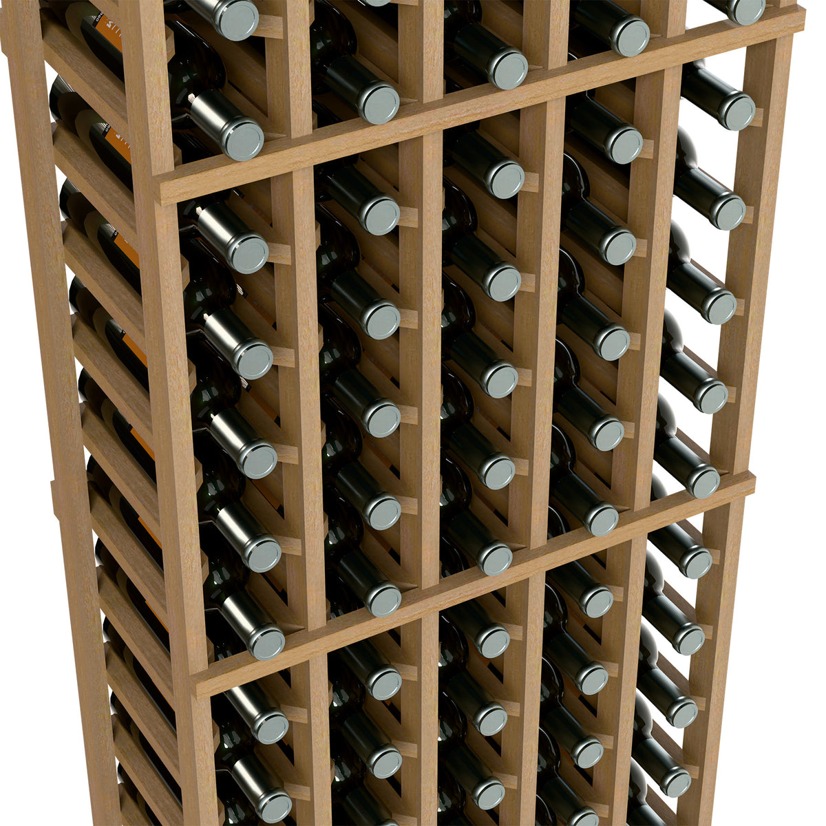 Close-up of light wood 5-column wine bottle rack with bottles in individual slots