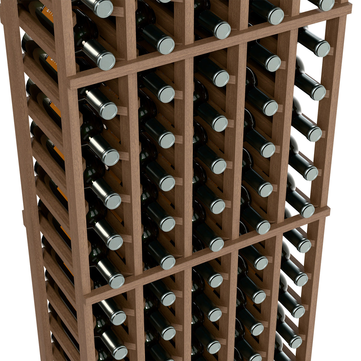 Light wood wine bottle rack close-up with glass bottles nestled between wooden frames