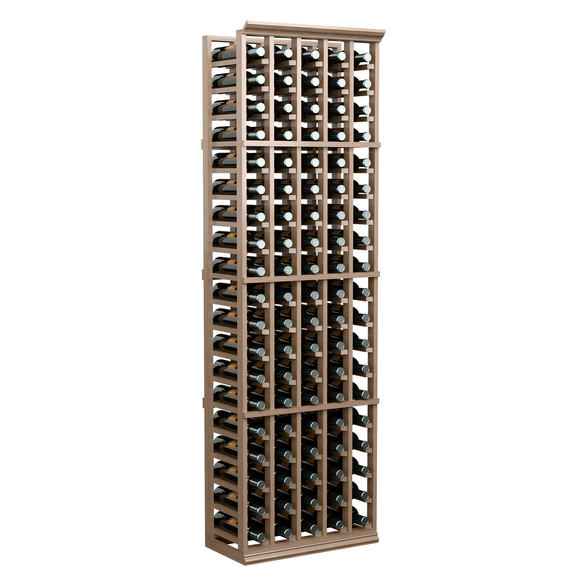 Light wood wine bottle storage rack with 5 columns and bottles displayed front view