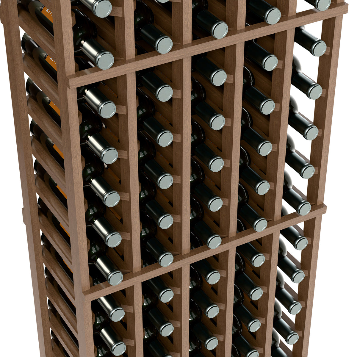 Light wood wine bottle rack close-up showing multiple bottle rows and side dividers