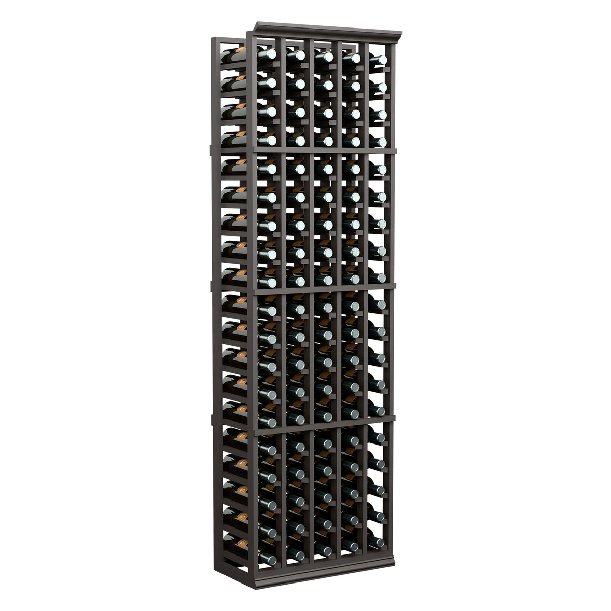 Black wine bottle storage rack with 5 columns, open grid holding bottles