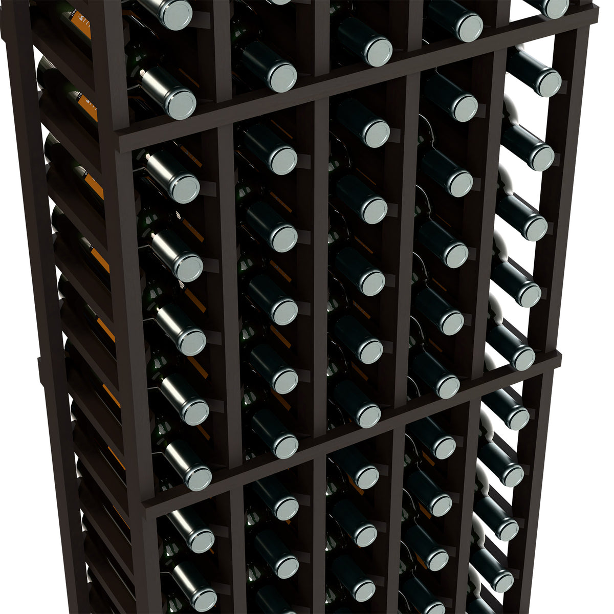 Black wine bottle rack close-up showing bottles in angled slots across wooden shelves
