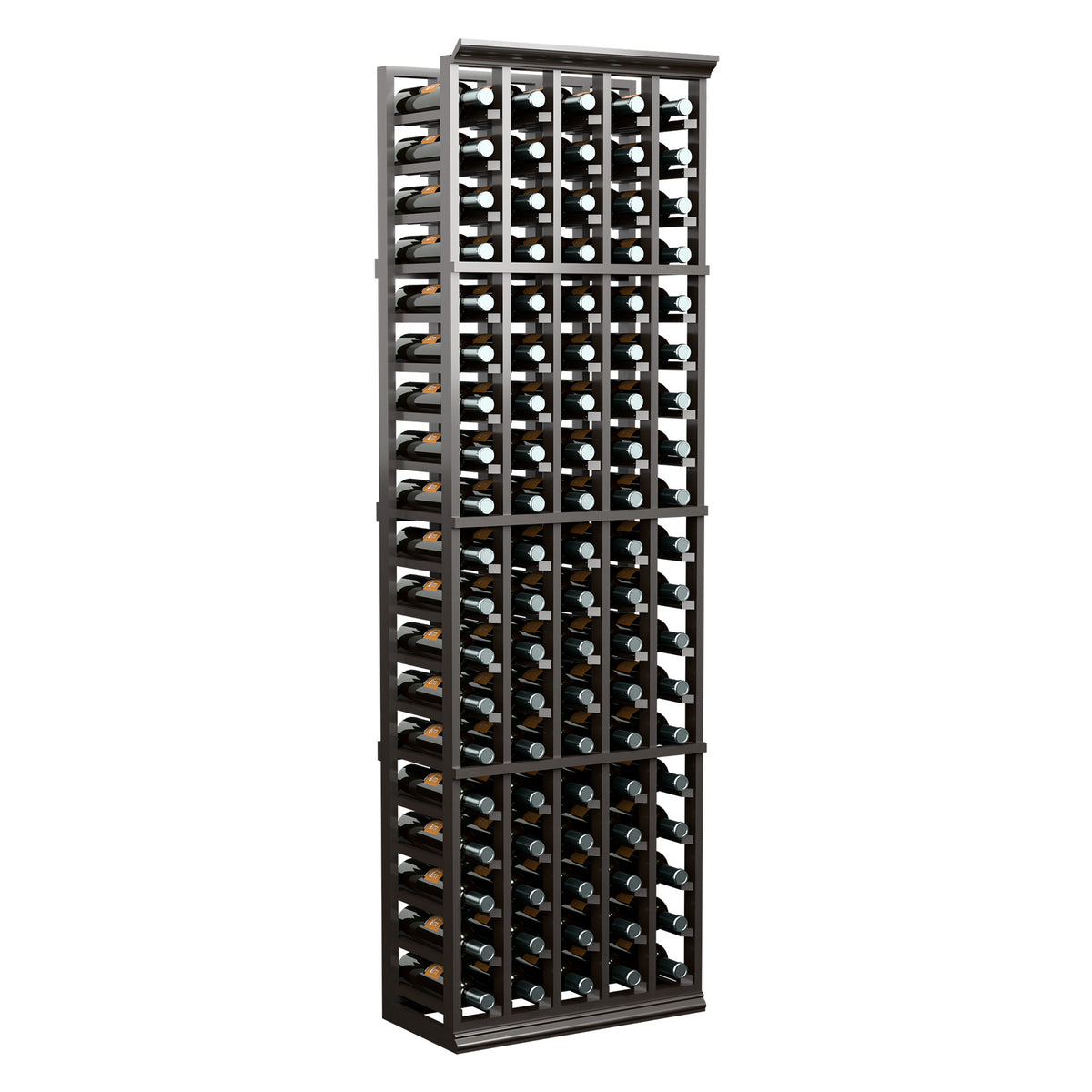 Black wine bottle storage rack with open grid and visible bottles in each compartment
