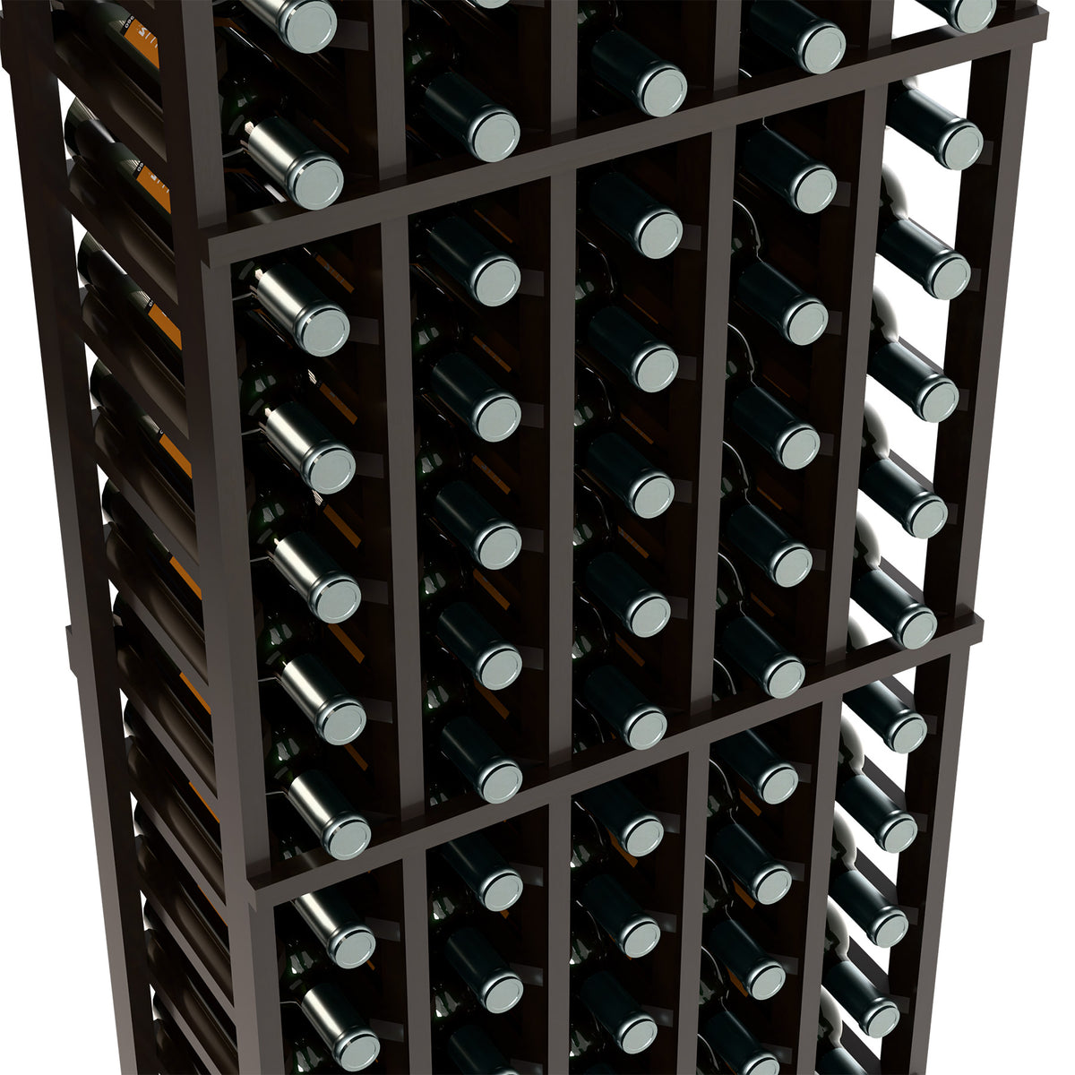 Black wine bottle rack close-up with bottles arranged in rows between frame dividers