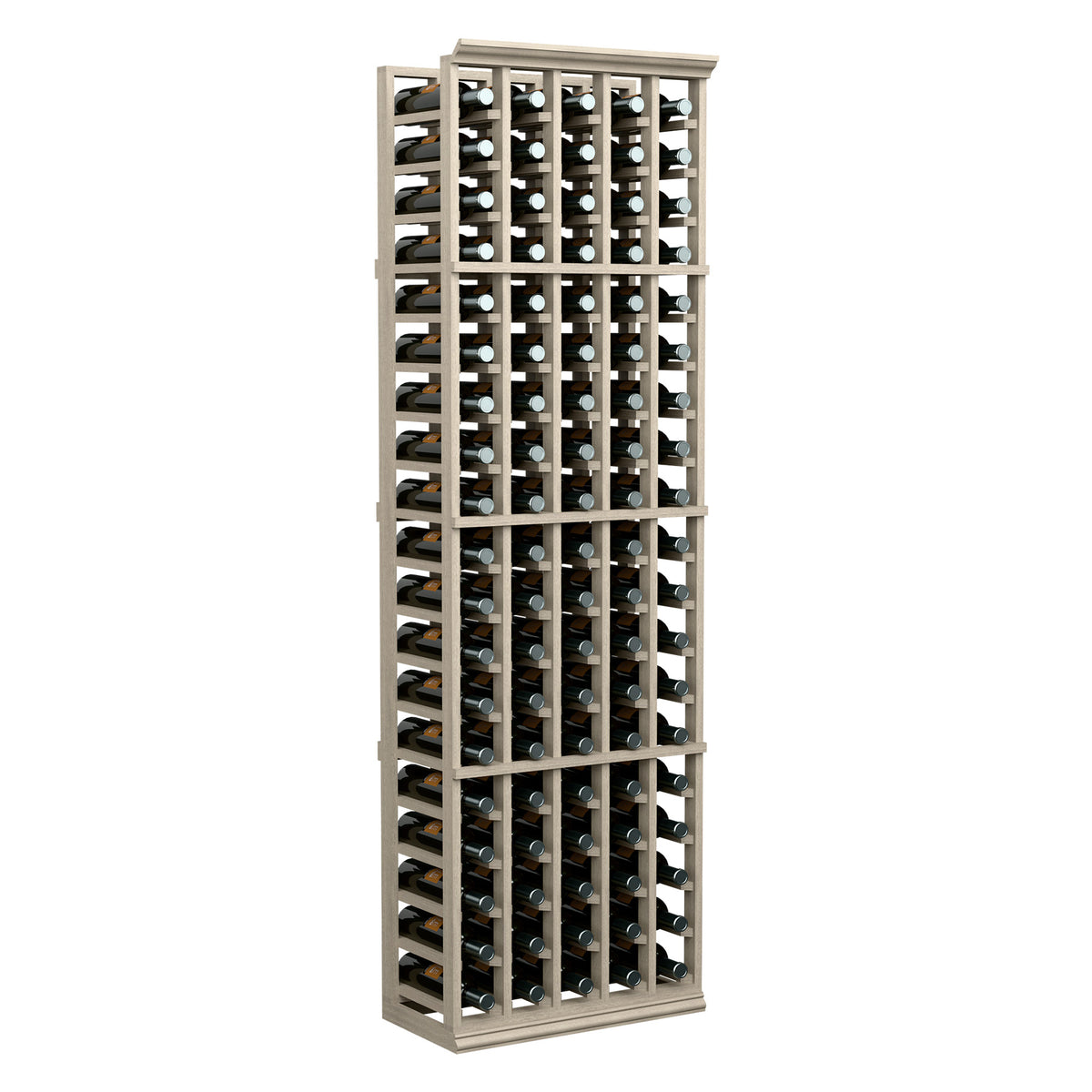 5-column wine bottle rack with square wooden frame, holding many bottles