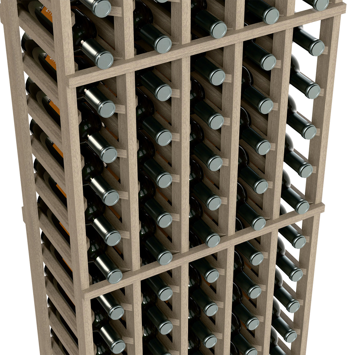 Close-up of wine bottle rack cells with dark bottles and silver caps