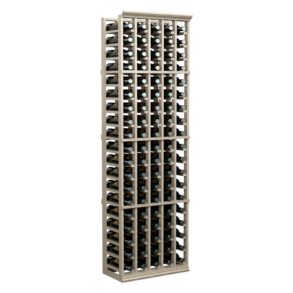 5-column wine bottle rack in light wood finish with rows of bottles