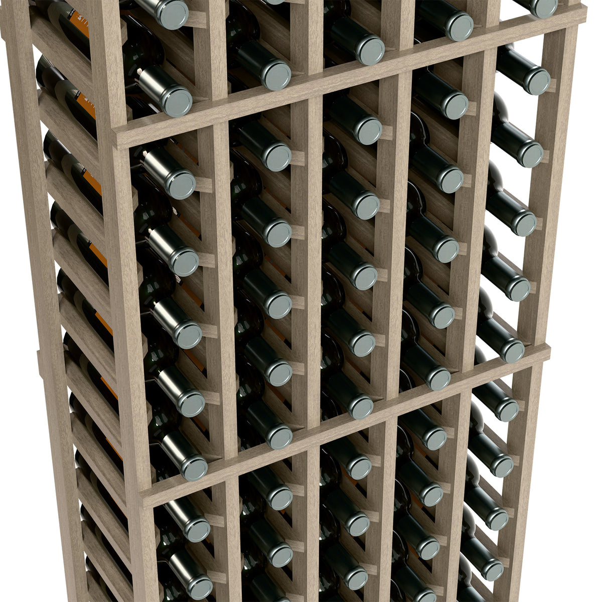 Close-up view of wine bottle rack with bottle necks and metal foil tops