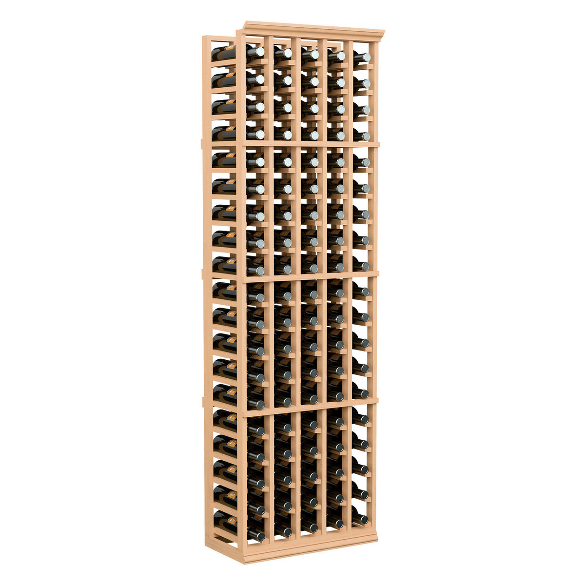 5-column wine bottle rack with light wood frame and multiple wine bottles