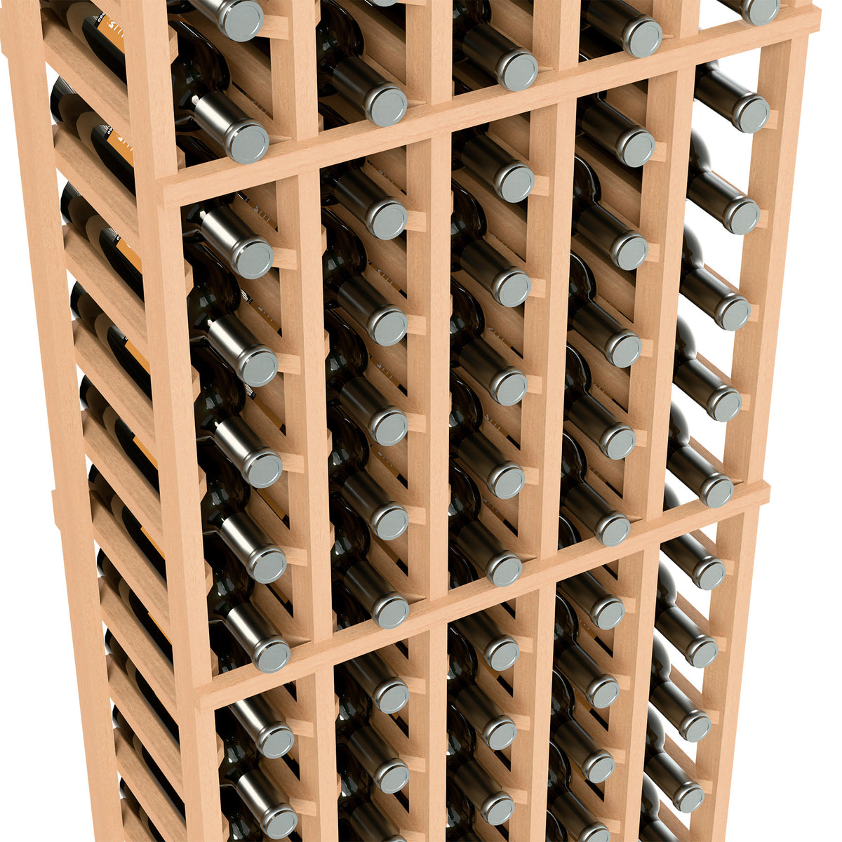 Detail of wine bottle rack showing bottle storage rows and wooden dividers
