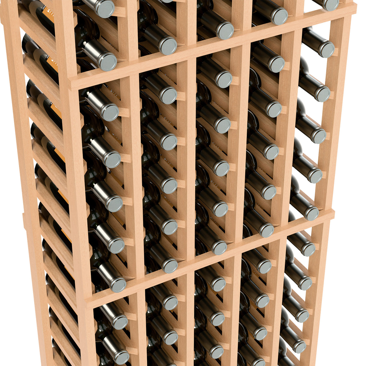 Close-up of wine bottle rack with bottles positioned in wooden compartments