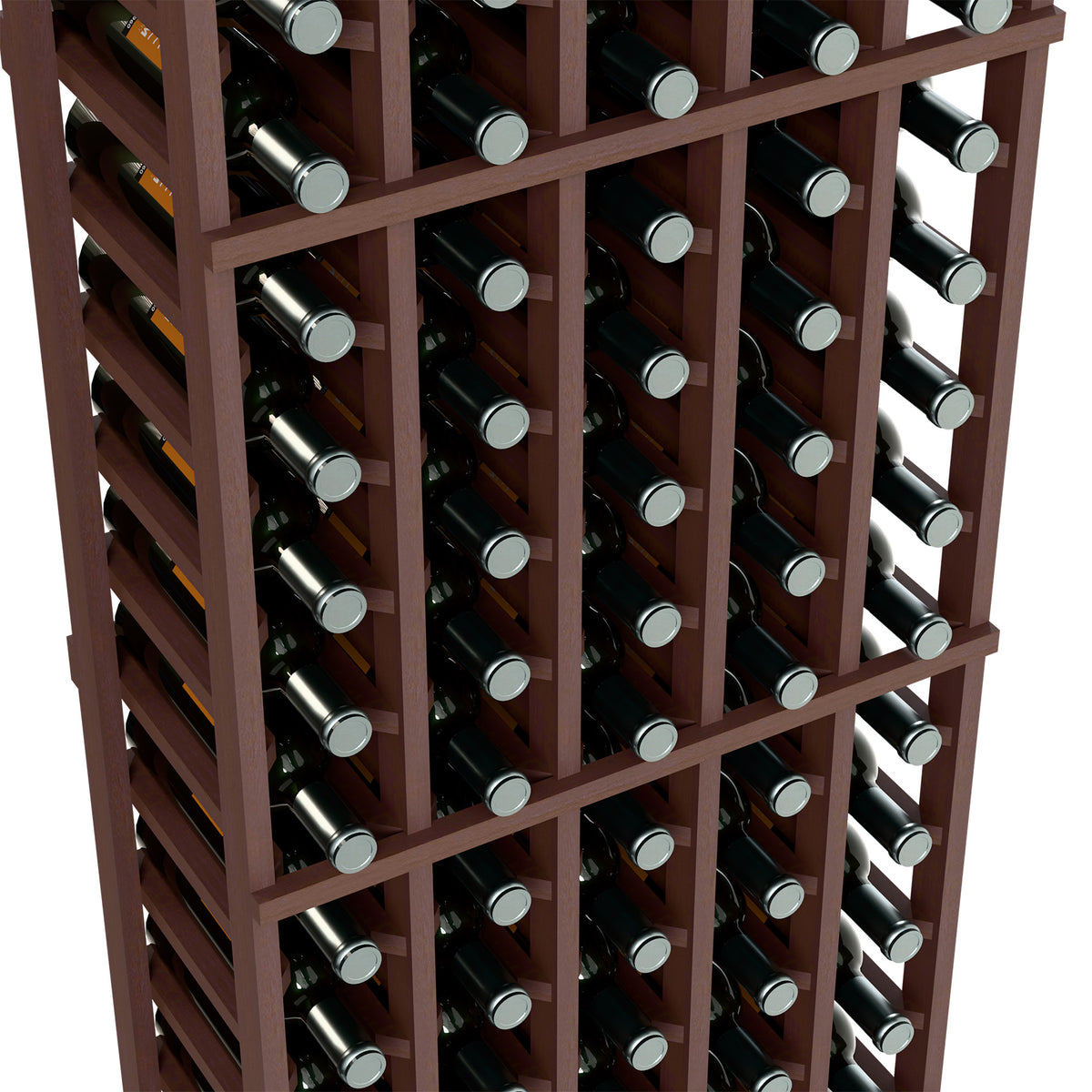 Close-up of dark wood wine bottle rack cells holding bottles with caps