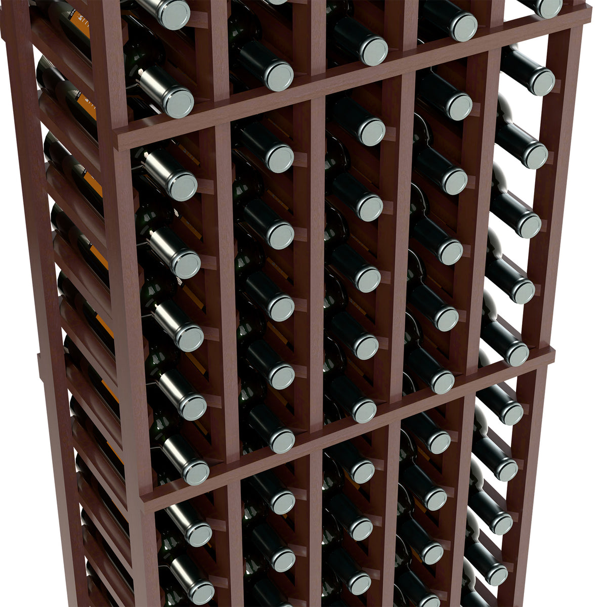 Wood wine bottle rack showing bottle slots across three rows, angled view