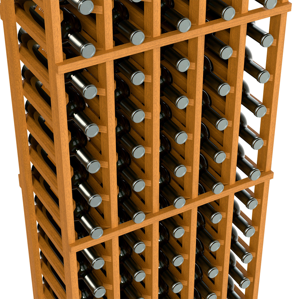 Wood wine bottle rack close-up with repeating bottle holders and side frame