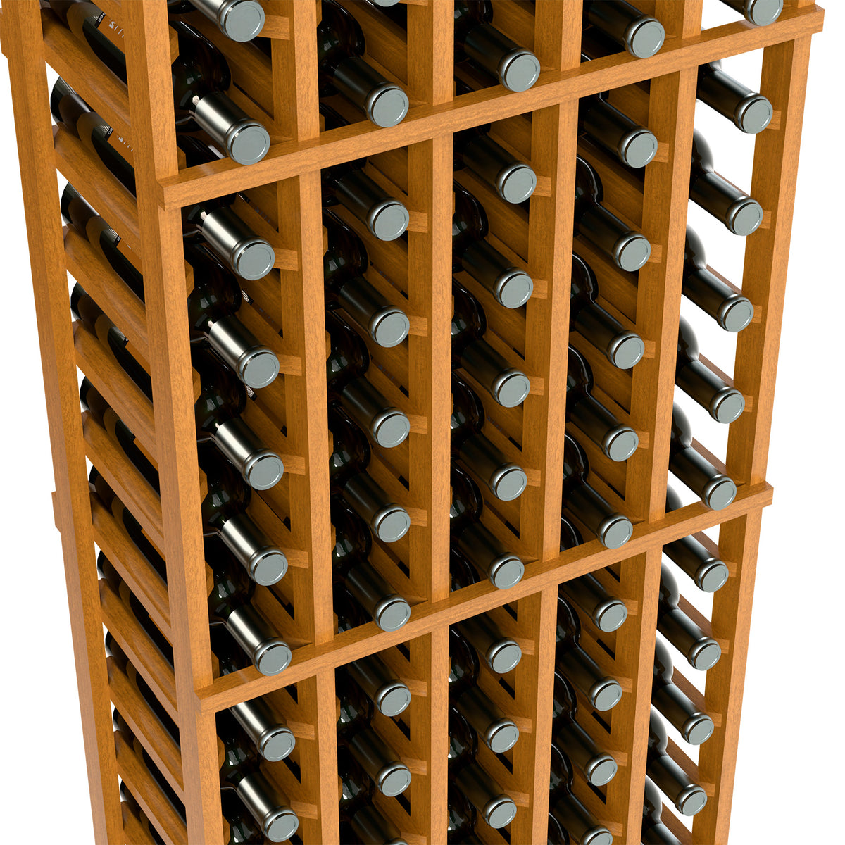 Angled close-up of light wood wine bottle rack with multiple bottle compartments