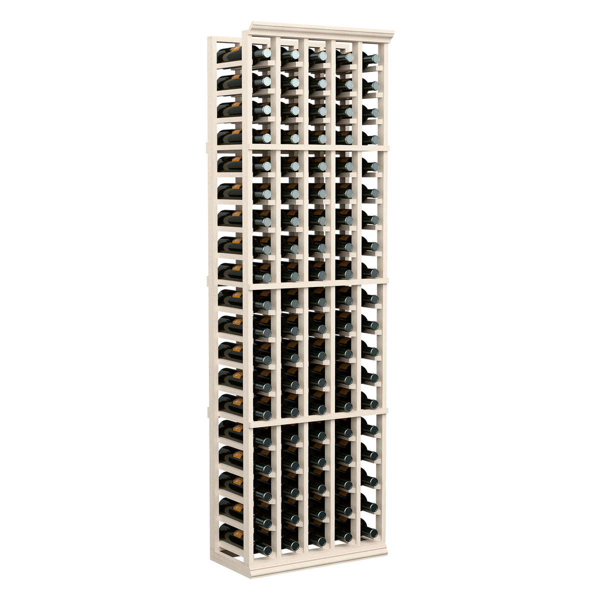 White finish 5-column wine bottle rack with open grid rows for bottles