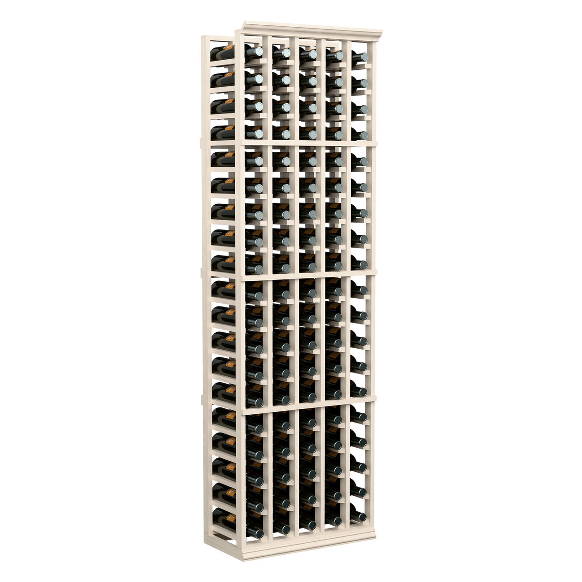 White finish 5-column wine bottle rack with open grid rows for wine bottles