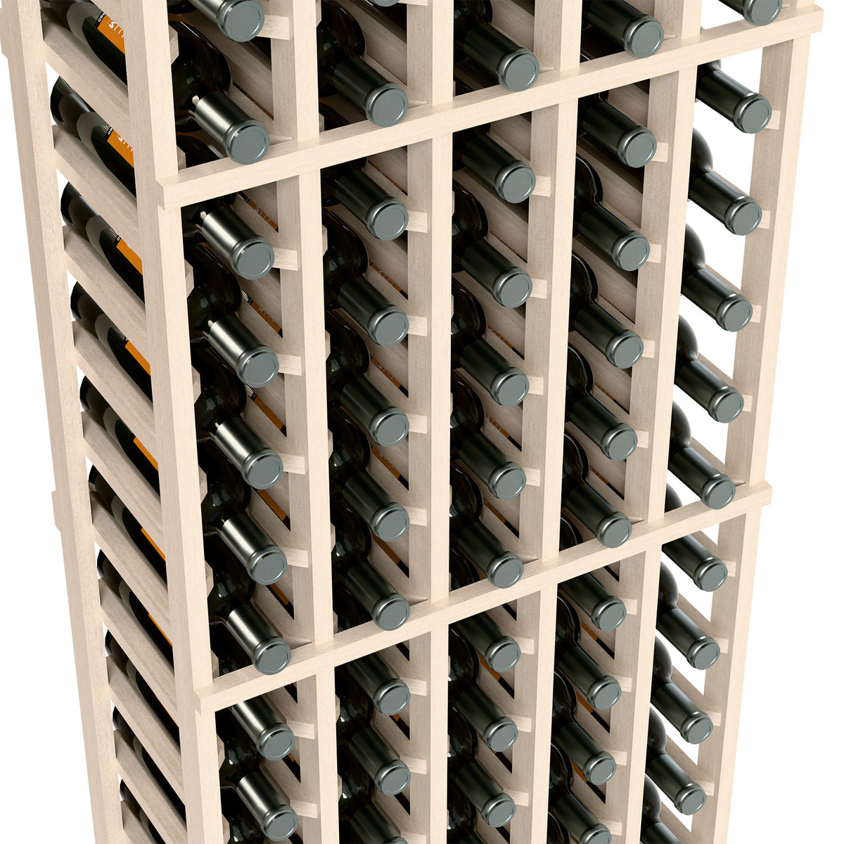 White wine bottle rack close-up with repeating bottle holders and frame rails