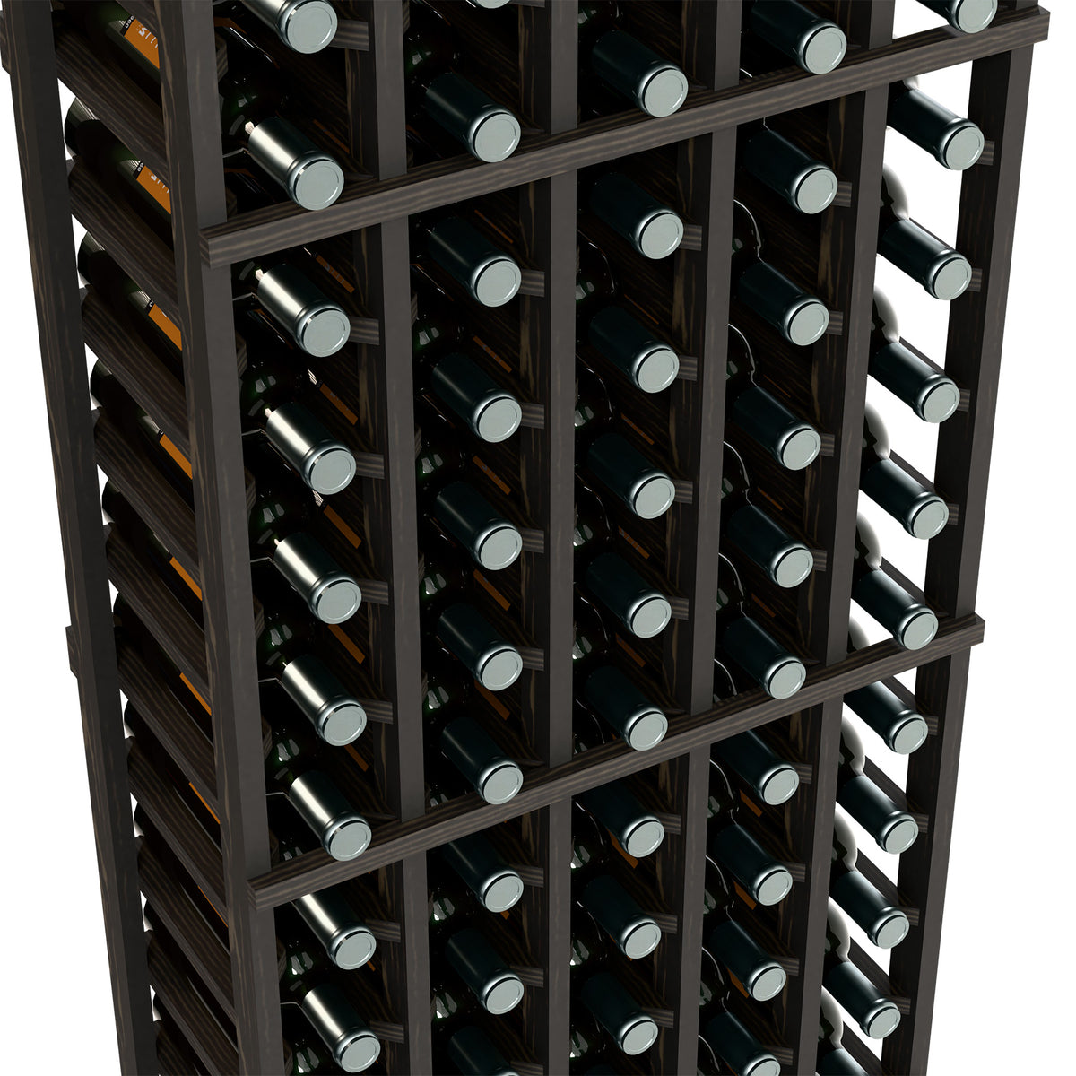 5-column wine bottle rack, dark wood frame with bottle rows, close-up